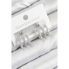 Pirinç Zirkon Taşlı Model Gümüş Renk Kadın Küpe