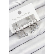 Pirinç Sallantılı Zirkon Taşlı Model Gümüş Renk Kadın Küpe