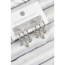 Pirinç Zirkon Taşlı Şimşek Model Gümüş Renk Kadın Küpe