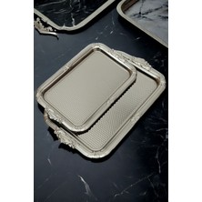 Iki Parça Dikdörtgen Dekoratif Gümüş Kahve ve Çay Tepsisi Seti