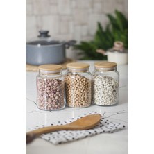 3'lü Bambu Kapaklı Cam Saklama Kabı, 800 Ml, Orta Boy, Vakum Kapakli