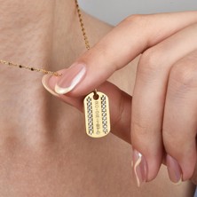 Nox Jewelry 14 Ayar Altın Kaplama Kişiselleştirilmiş Çift Sıra Taşlı Asker Künyesi Gümüş Kolye - CNS00648