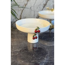 Beyaz Porselen Ayaklı Kiraz Detaylı Meyve ve Salata Sunum Kasesi
