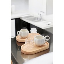 6 Parça Kişilik Porselen Kahve Fincanı Takımı, Bambu Altlık ve Üzüm Deseni