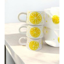El Yapımı Limon Desenli 3'lü Seramik Kupa Seti, Şık ve Renkli Tasarım