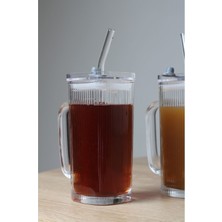 Turuncu Kare Kapaklı Cam Bardağı, Pipetli, Buzlu Kahve, 1 Adet