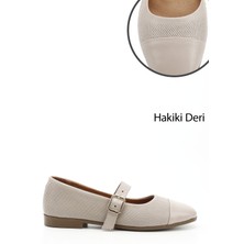 GÖNDERİ Kadın Bej  Baskılı Mary Jane Hakiki Deri Babet