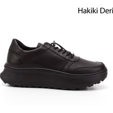 GÖNDERİ Kadın Siyah  Lastik Bağcıklı Comfort Dolgu Taban Hakiki Deri Sneaker