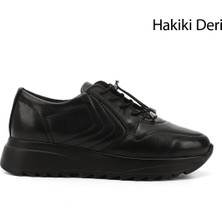 GÖNDERİ Kadın Kömür  Bağcıklı Dolgu Taban Hakiki Deri Sneaker