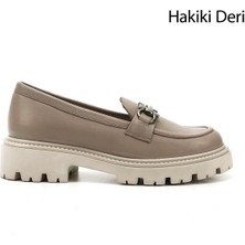 GÖNDERİ Kadın Bej  Kalın Topuklu Tokalı Hakiki Deri Loafer Ayakkabı