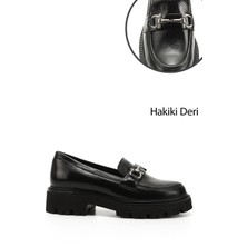 GÖNDERİ Kadın Siyah Rugan  Kalın Topuklu Tokalı Hakiki Deri Loafer Ayakkabı