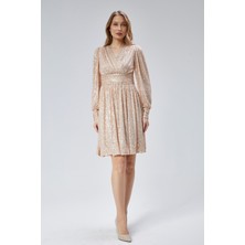 Kadın Abiye ve Mezuniyet Kruvaze Yaka Korsajlı Payetli Kumaş Abiye Elbise