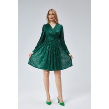 Kadın Abiye ve Mezuniyet Kruvaze Yaka Korsajlı Payetli Kumaş Abiye Elbise