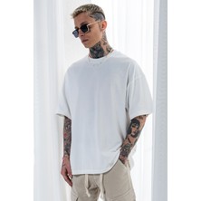 Erkek Beyaz Oversize Tişört Arkası Baskılı Bol Kesim %100 Pamuk