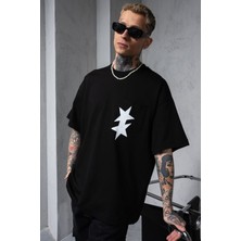 Siyah Oversize Tişört Baskılı Bol Kesim %100 Pamuk