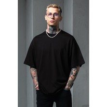 Erkek Siyah Oversize Tişört Arkası Baskılı Bol Kesim Tişört %100 Pamuk