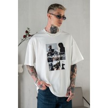 Erkek Beyaz Oversize Bol Kesim Baskılı Tişört %100 Pamuk