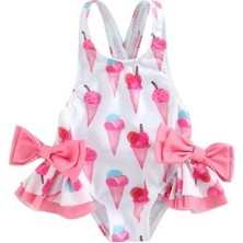 Petityu Çapraz Sırt Yanı Fiyonk Detaylı Beyaz Pembe Dondurma Mayo