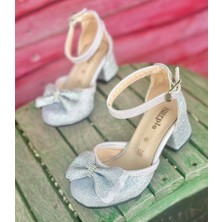 Kız Çocuk Topuklu Ayakkabı, Simli Fiyonklu Topuklu Ayakkabı