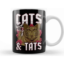 Komik Kedili ve Dövme Desenli Porselen Kupa, Kedi Severler Için Şık ve Eğlenceli Tasarım