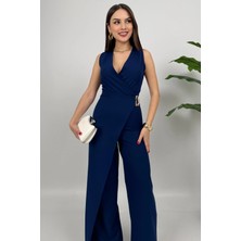 Crimson Icon Kadın Kemer Detaylı Askılı Bol Paça Lacivert Tulum – Rahat Şık Yazlık Kombin