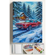 Sayılarla Boyama Çerçeveli Hobi Seti Numaralı Tuval Fırça Boya Dahil Kasnaklı 40X50 cm  Kırmızı Araba Kar