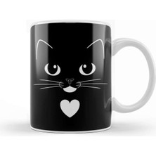 Sevimli Kedili Porselen Kupa, Kalp ve Gülümseme Detaylarıyla, Beyaz Renk