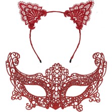 Nessiworld Romantik Kırmızı Dantel Maske Seti – Kedi Kulaklı Taç ve Maske 3 No