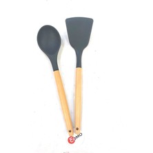 Bambu Saplı 2'li Silikon Kaşık ve Spatula Seti, Siyah Renk