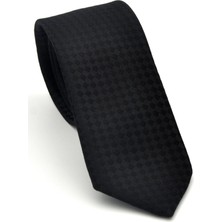 Siyah Piti Kare Desenli Siyah Dokuma Kumaş Mendilli Slim Fit Kravat // SDK-2503-1