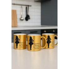 3 Lü Paket Yazı Baskılı Altın Rengi Kahve Kupa Bardak