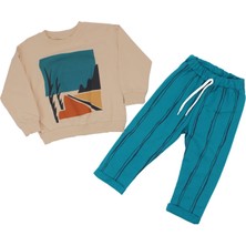 Erkek Çocuk Ekru Mavi Manzara Baskılı Çizgili Pantolonlu 2'li Takım