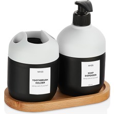 Qlux Sıvı Sabunluk Diş Fırçalık Seti Ahşap Stantlı Banyo Seti Ahşap Stantlı Cam Sıvı Sabunluk Diş Fırçalık