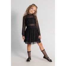 Kız Çocuk Siyah Puantiye Desenli Tül Etekli 3'lü Takım - Uzun Kollu Crop ve Body