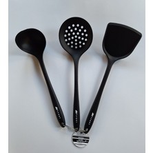 Siyah 3'lü Set, Yanmaz ve Yapışmaz Kevgir, Spatula, Kepçe Malzemeleriyle Uygun