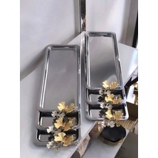 6'lı Metalik Dikdörtgen Baton Kahve Tepsisi Kelebekli Lüx Sunum Seti