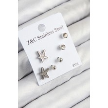 316L Çelik Zirkon Taşlı Deniz Yıldızı Model Gümüş Renk Kadın Set Küpe