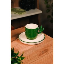El Yapımı Kaktüs Desenli Seramik Türk Kahvesi Fincanı, 2 Parça, 100 Ml, Yeşil
