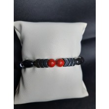 Mryart Kırmızı Akik Taşı ve Metalik Füme Oniks Taşlı Unisex Bileklik