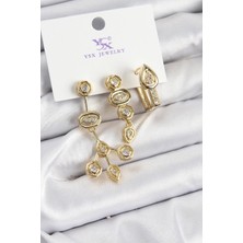 Pirinç Zirkon Taşlı Geometrik Model Gold Renk 3'lü Kadın Küpe