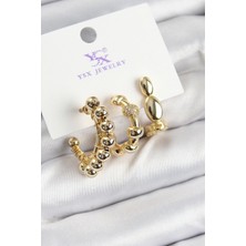 Pirinç Zirkon Taşlı Halka Model Gold Renk 3'lü Kadın Küpe