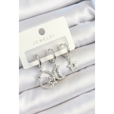 Pirinç Zirkon Taşlı Ay ve Yıldız Model Gümüş Renk 3'lü Çift Kadın Küpe Set