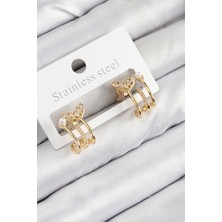 Pirinç Zirkon Taşlı Inci Detaylı Balık Kuyruğu Model Gold Renk Kadın Küpe