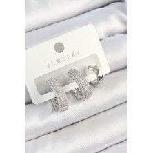 Pirinç Zirkon Taşlı Damla Model Gümüş Renk 3'lü Çift Kadın Küpe Set