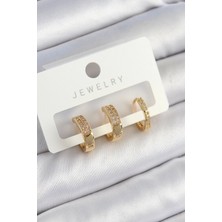 Pirinç Zirkon Taşlı Halka Model Gold Renk 3'lü Çift Kadın Küpe Set