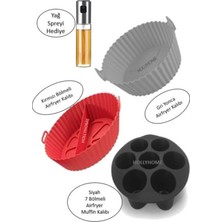 3'lü Silikon Airfryer Pişirme Kalıbı Seti, Gri Yonca, Kırmızı Bölmeli, Siyah Muffin, Yağ Spreyi