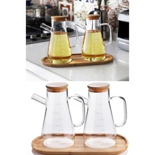 Bambu Kapaklı Vakumlu Borosilikat Cam Yağlık ve Sirkelik Seti, 3'lü