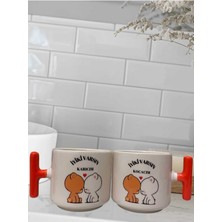 Iki Kişilik Sevgi Dolu Kupa Seti, Turuncu Kulplu, Çift Taraf Yazılı Isıtıcı Bardak