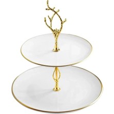 Şık Beyaz ve Gold Renkli Çift Katlı Seramik Kurabiye Saklama Kabı