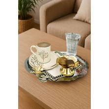 6'lı Lüx Oval Kahve ve Çay Sunum Tepsisi, Kelebek Aksesuarlı, Paslanmaz, 25X20CM